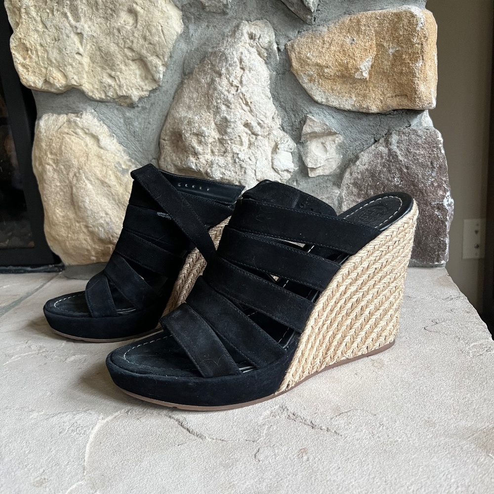 Tory Burch Women's Suede Espadrille Bailey Wedge Sandal Black Size US 11